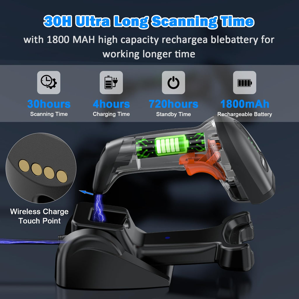 QR Industrial Bluetooth Barcode Scanner with Wireless Charging Stand, Wireless 2D 1D Bar Code Scanner Drop Protection