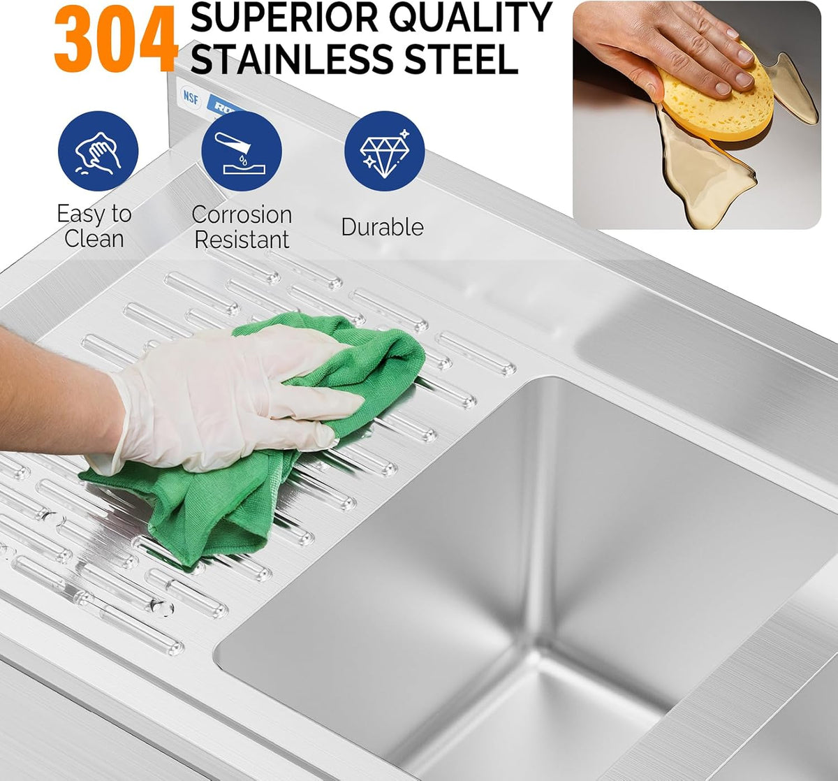 NSF 3 Compartments Bar Sink, Commercial Stainless Steel Underbar Sink with Double Drainboard, Freestaning Large for