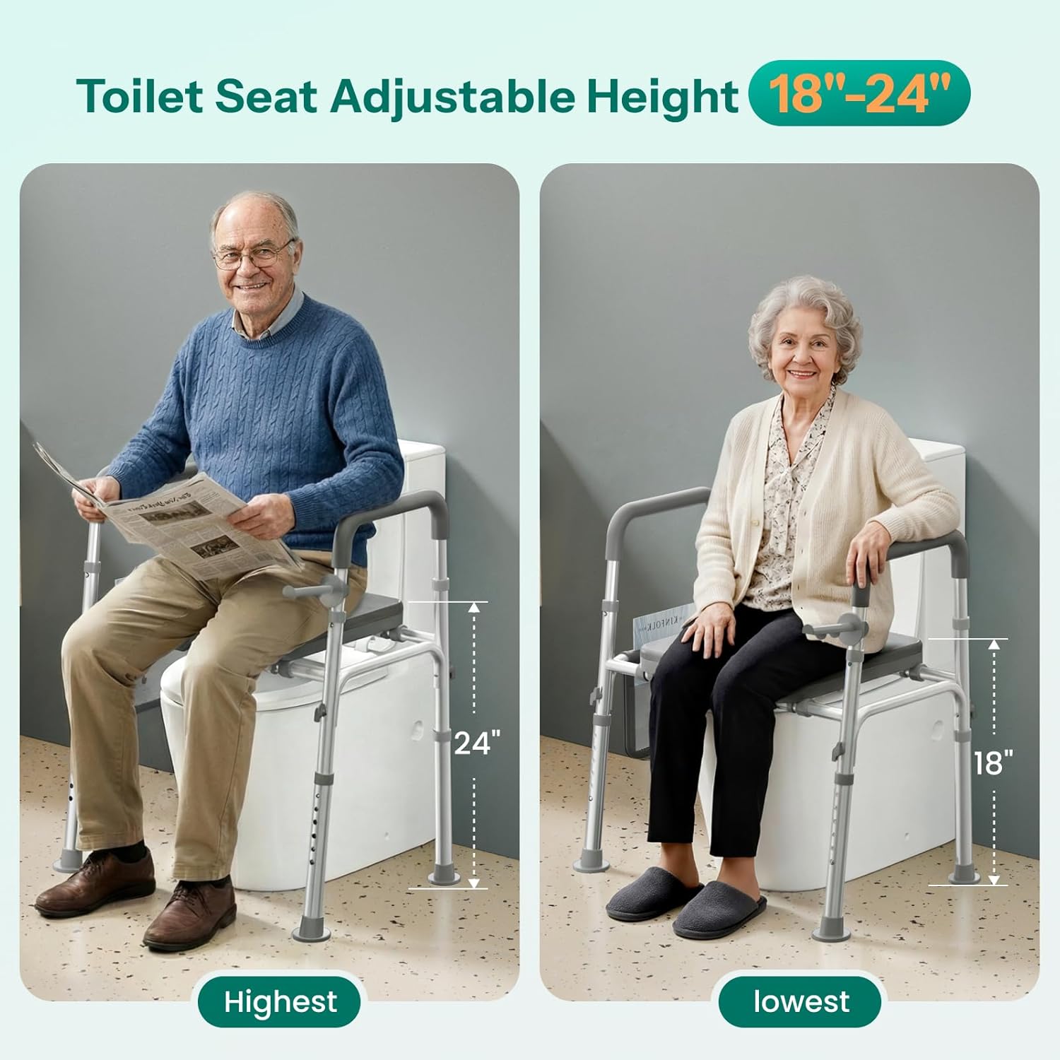 Raised Toilet Seat Riser with Handles for Seniors, 450LBS Heavy-Duty 3in1 Commode Chair for Disabled & Patients with
