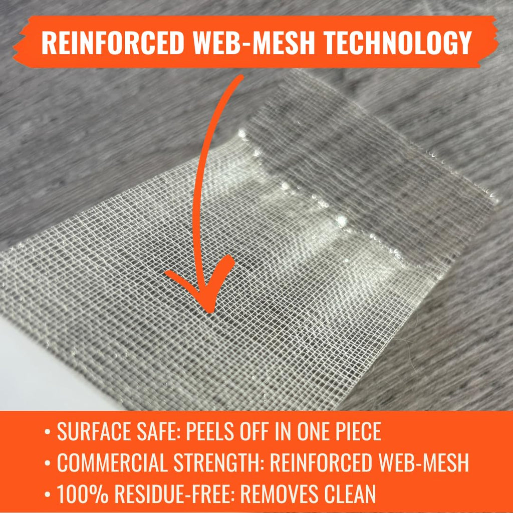 Carpet Tile Tape Wide Double Sided 4in x 90ft - Heavy Duty Reinforced Web Mesh & Residue Free - Indoor Outdoor for
