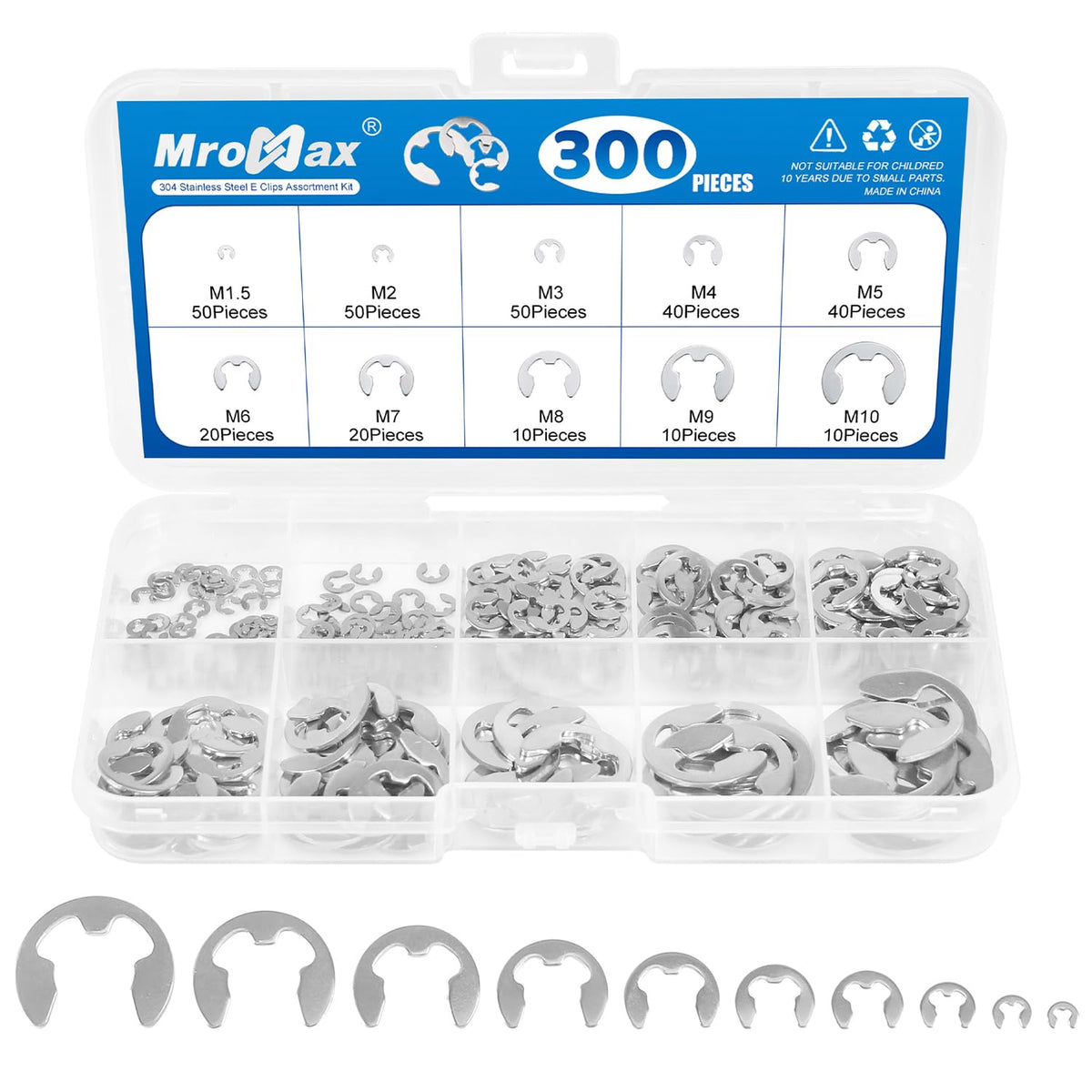MroMax 300Pcs Stainless Steel E-Clip Assortment Kit, 10 Sizes M1.5 - M10