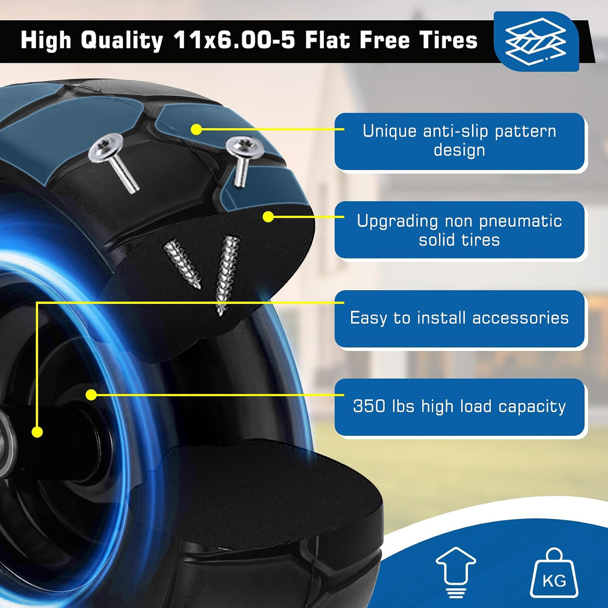 11x6.00-5 Flat Free Lawn Mower Tires | 2 Pack 11x6.00-5 Tires for Zero Turn Mower With 3/4 & 5/8" or 1/2”