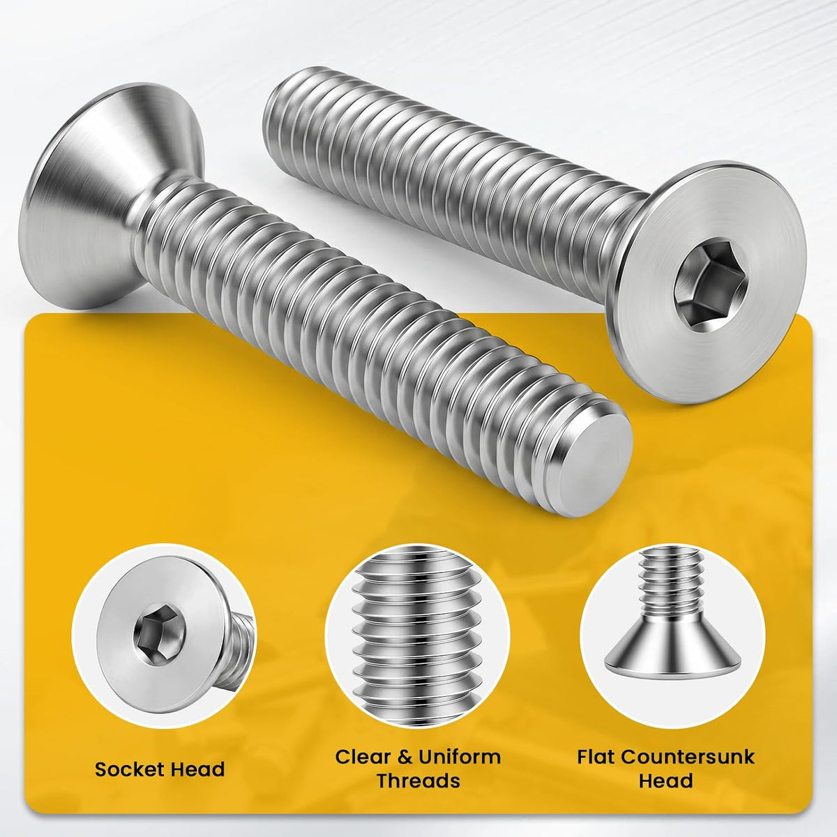 3/8-16 x 2-1/2" Flat Head Socket Cap Screws Countersunk Bolts, Allen Socket Drive, Stainless Steel 18-8, Fully Threaded, Bright Finish, 10 PCS