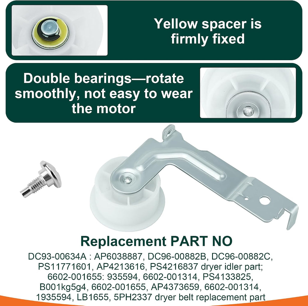 DC93-00634A Dryer Idler Pulley Assembly (Upgraded Silent Dual Ball Bearing)&6602-001655 Dryer Drum tensioner