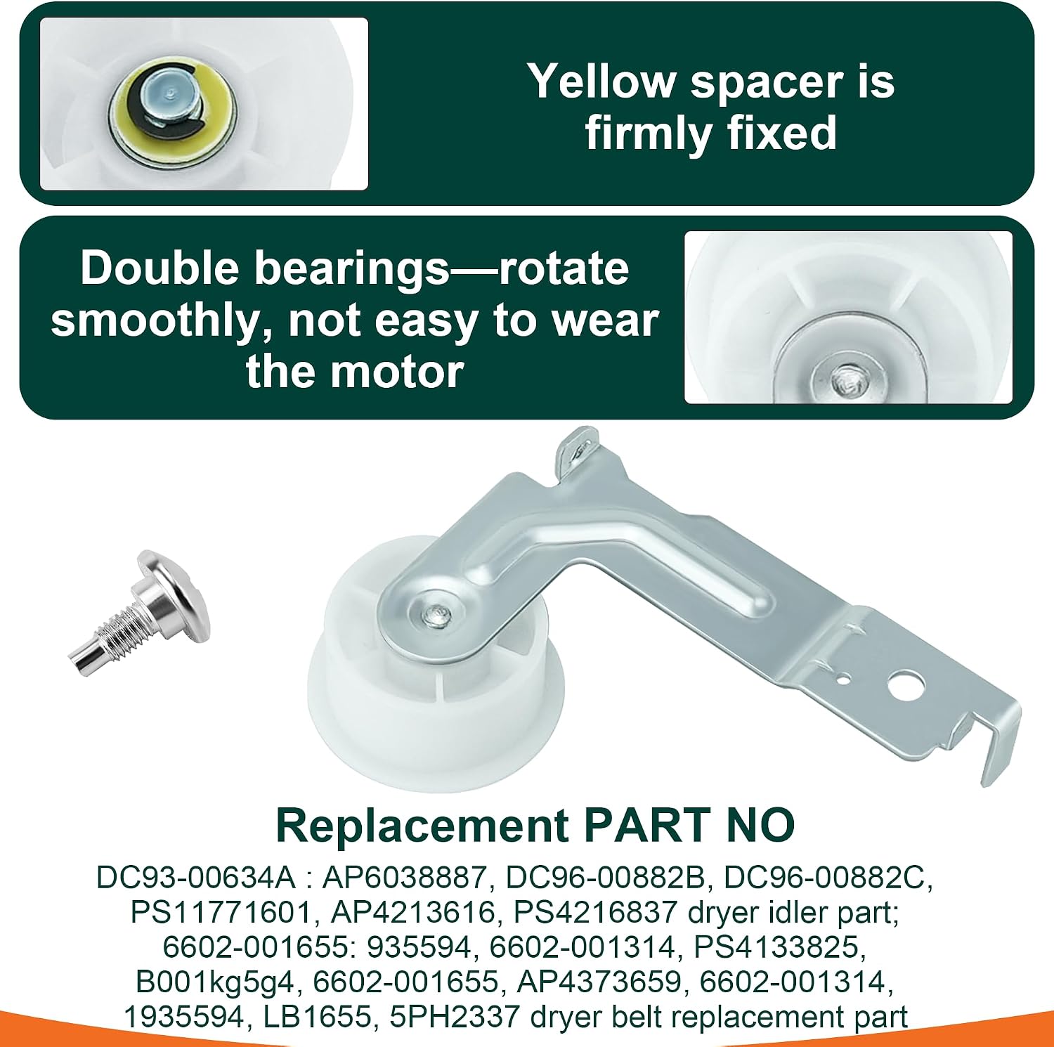 DC93-00634A Dryer Idler Pulley Assembly (Upgraded Silent Dual Ball Bearing)&6602-001655 Dryer Drum tensioner
