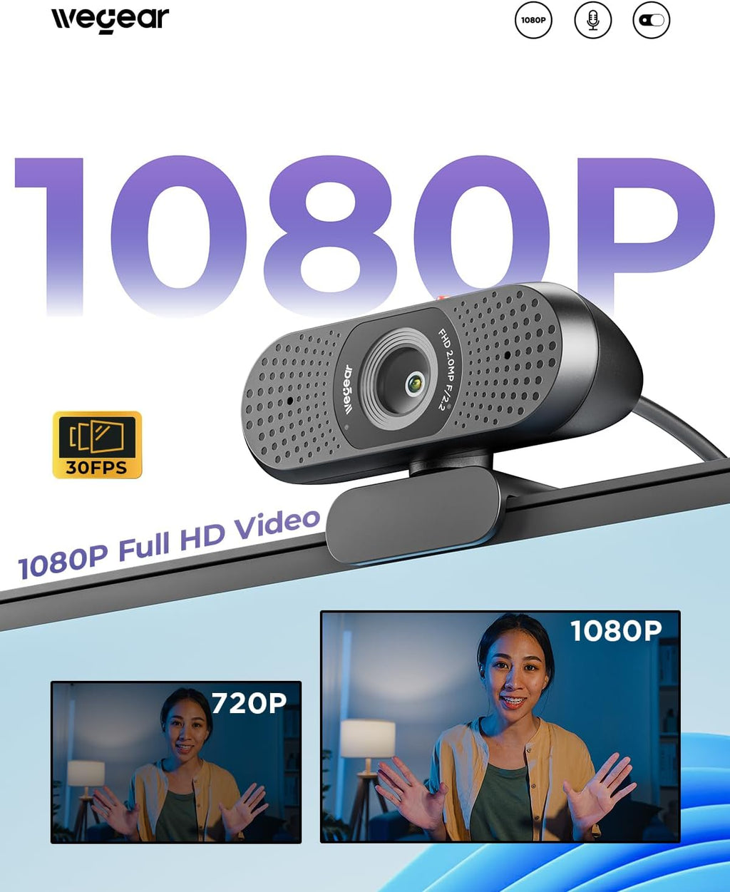 Full HD 1080p Webcam for PC, Laptop & Desktop, Built-in Dual Microphones, Privacy Cover, 85°FOV, Fixed Focus, Plug &