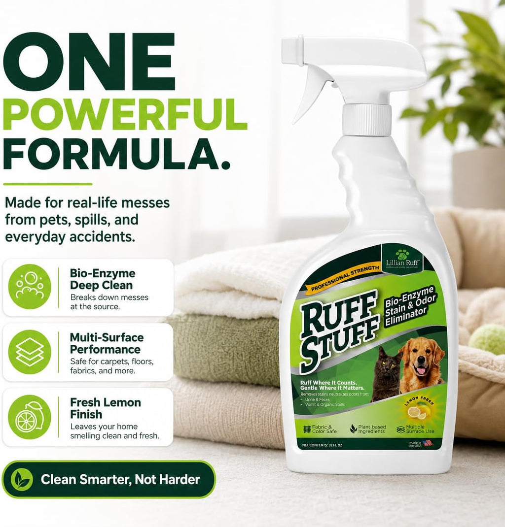 RUFF STUFF Max-Strength Bioenzyme Cleaner, Pet Stain & Odor Eliminator, Laundry Stain Remover Spray for Clothes, Dog
