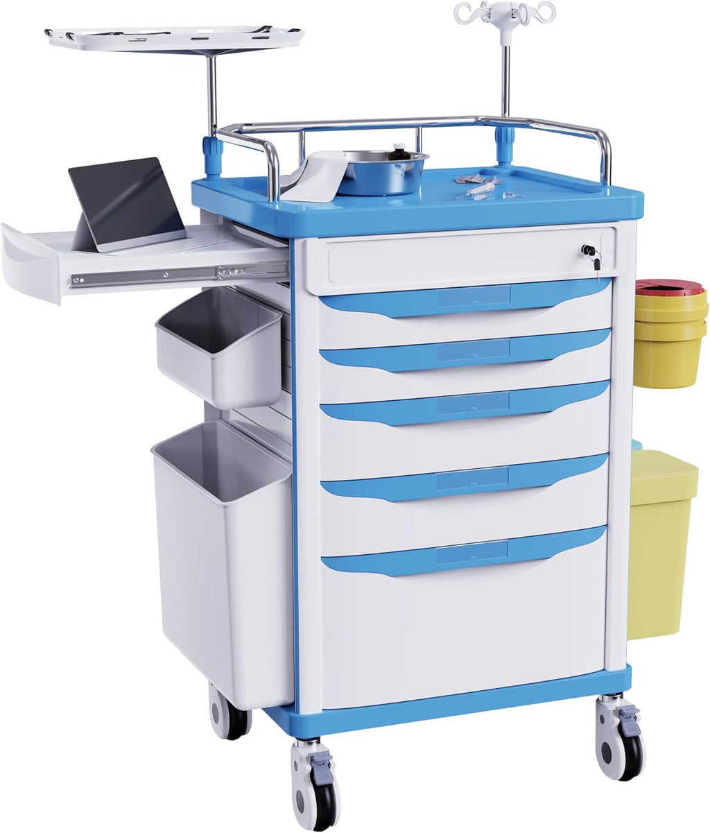 Medical Rolling Crash Cart with Wheels-CPR Board, IV Pole | O2 Holder, Trash Bin, Silent Casters,Drawers with