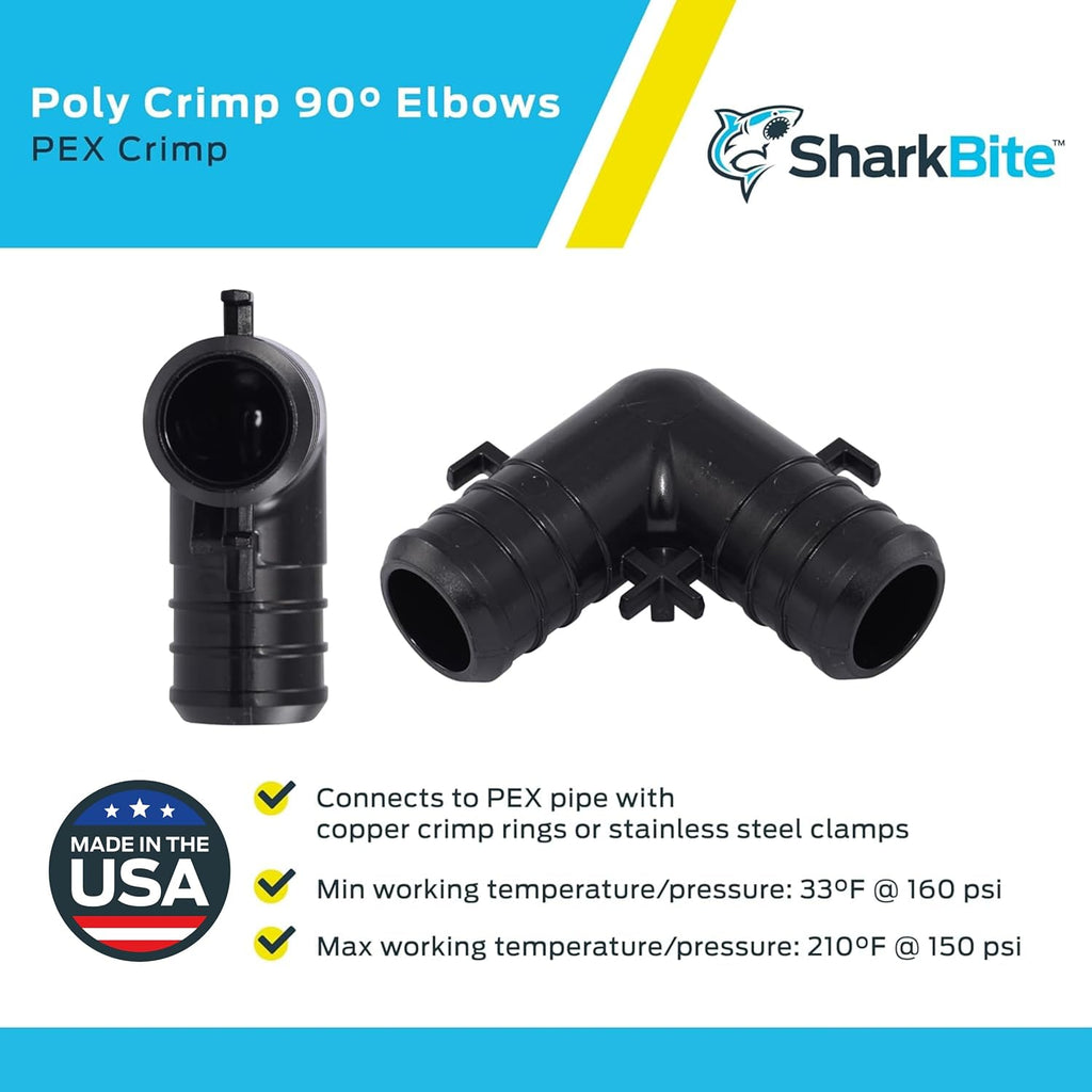 SharkBite 3/4 Inch Poly Crimp 90 Degree Elbow, Pack of 25, PEX Pipe, PE-RT, UP256