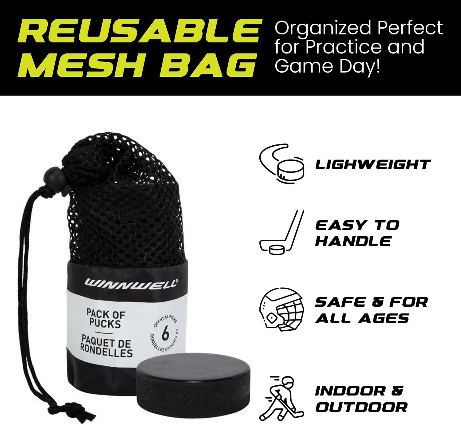 Official Ice Hockey Pucks - Regulation Size Puck with Mesh Carrying Bag - Great for Stick Handling & Training Drills