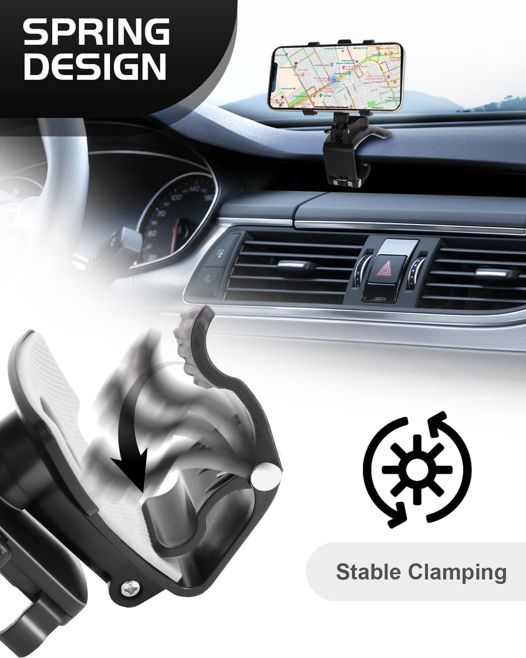 Car Phone Holder Dashboard Phone Mount 360 Degree Rotation Multifunctional Clip Design Car Universal Phone Mount