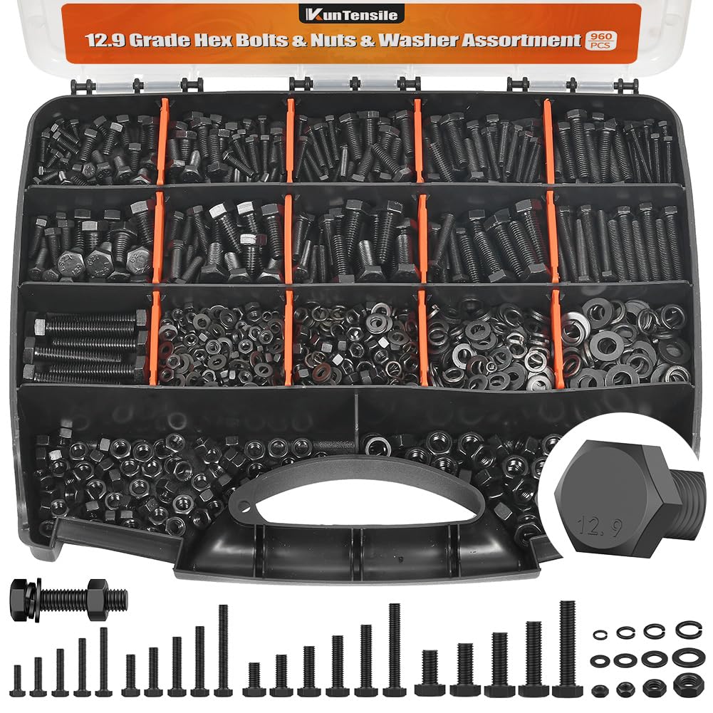 12.9 Grade Bolts and Nuts Assortment, 960pcs M4-M8 Hex Bolt Nut Washers Kit