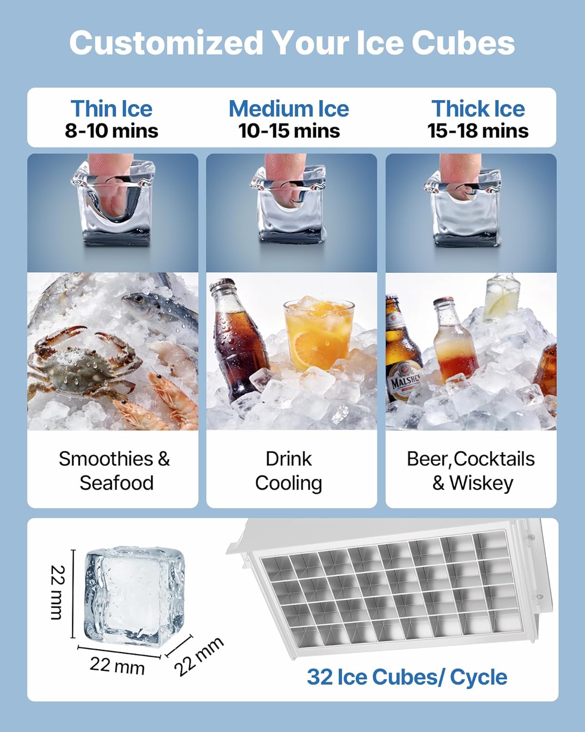Commercial Ice Maker Machine, 80 lbs/24h with 6.8-13 lbs Storage Capacity, Countertop/Freestanding/Under Counter