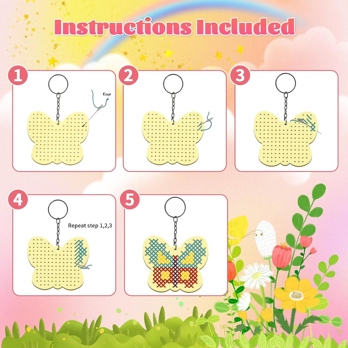Wooden Cross Stitch Kits for Kids, Make Your Own 6 Cross Stitching Keyrings, Wood Sewing Kit, Arts & Crafts