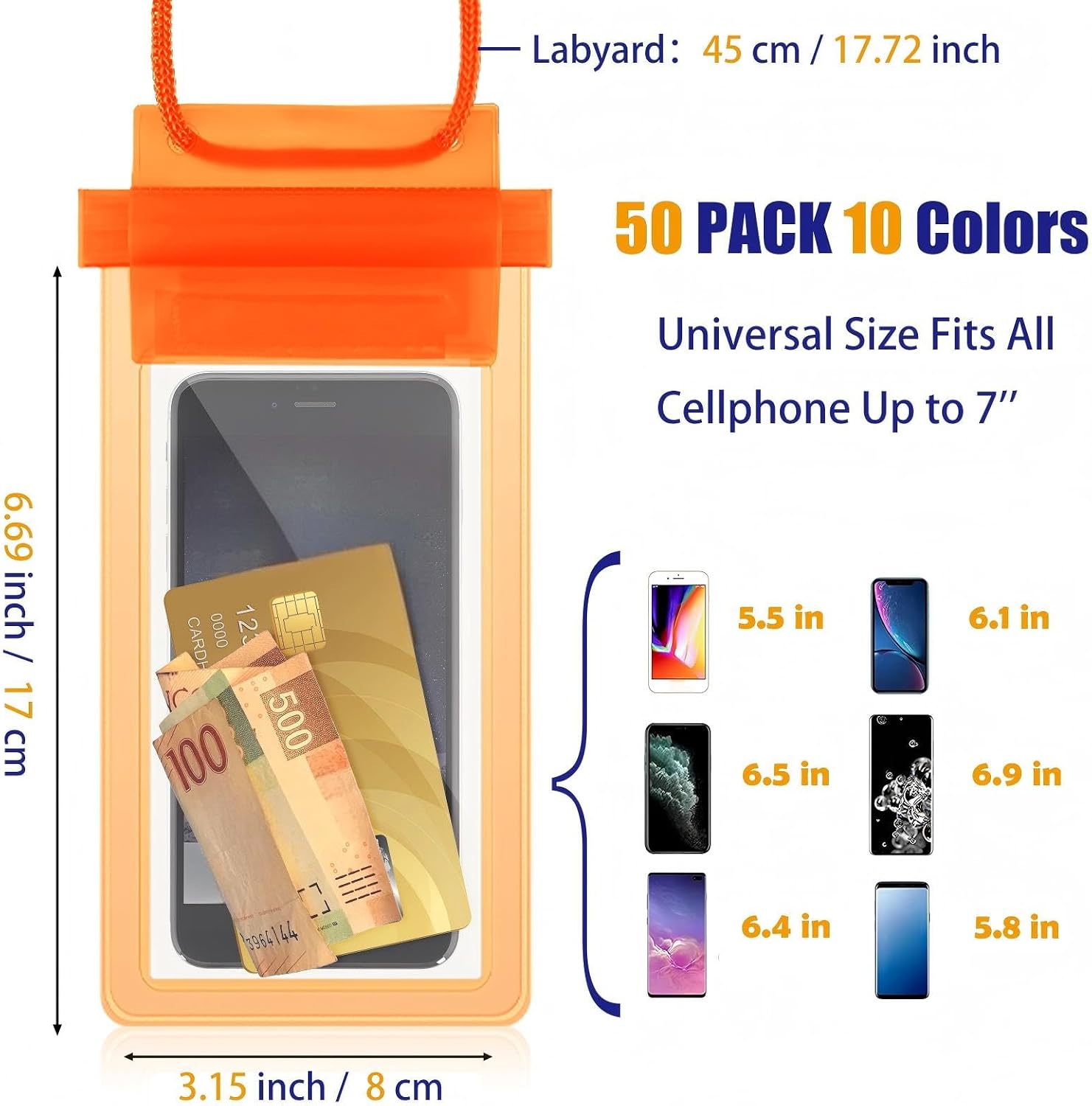 50 Pack Clear Waterproof Phone Pouch Universal Waterproof Phone Case Waterproof Pouch Dry Bag with Lanyard for Water