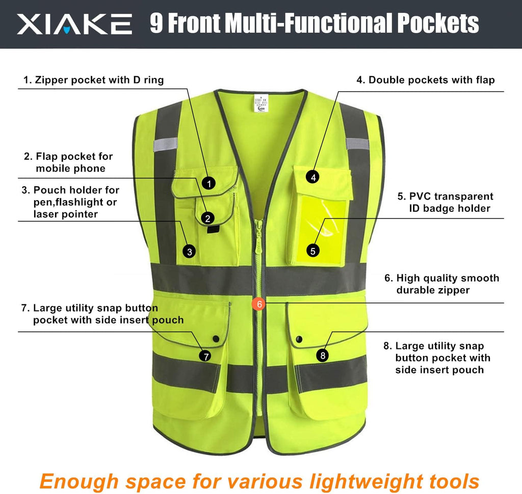 9 Pockets Class 2 High Visibility Reflective Safety Vest for Men Women,Meets ANSI/ISEA Standard