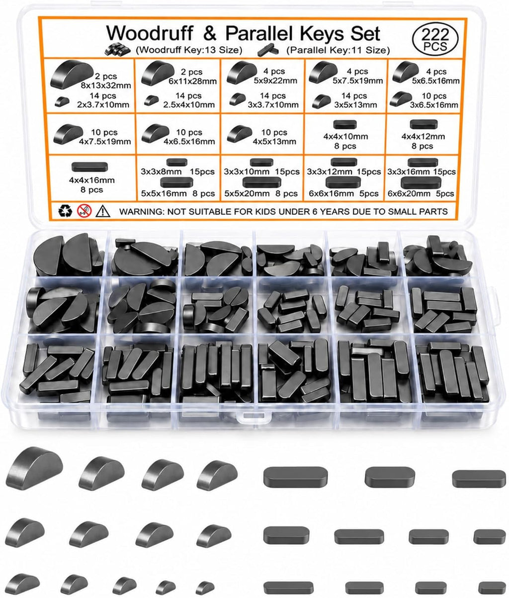 222 Pcs Metric Woodruff Key Assortment Kit with Parallel Keys, Carbon Steel