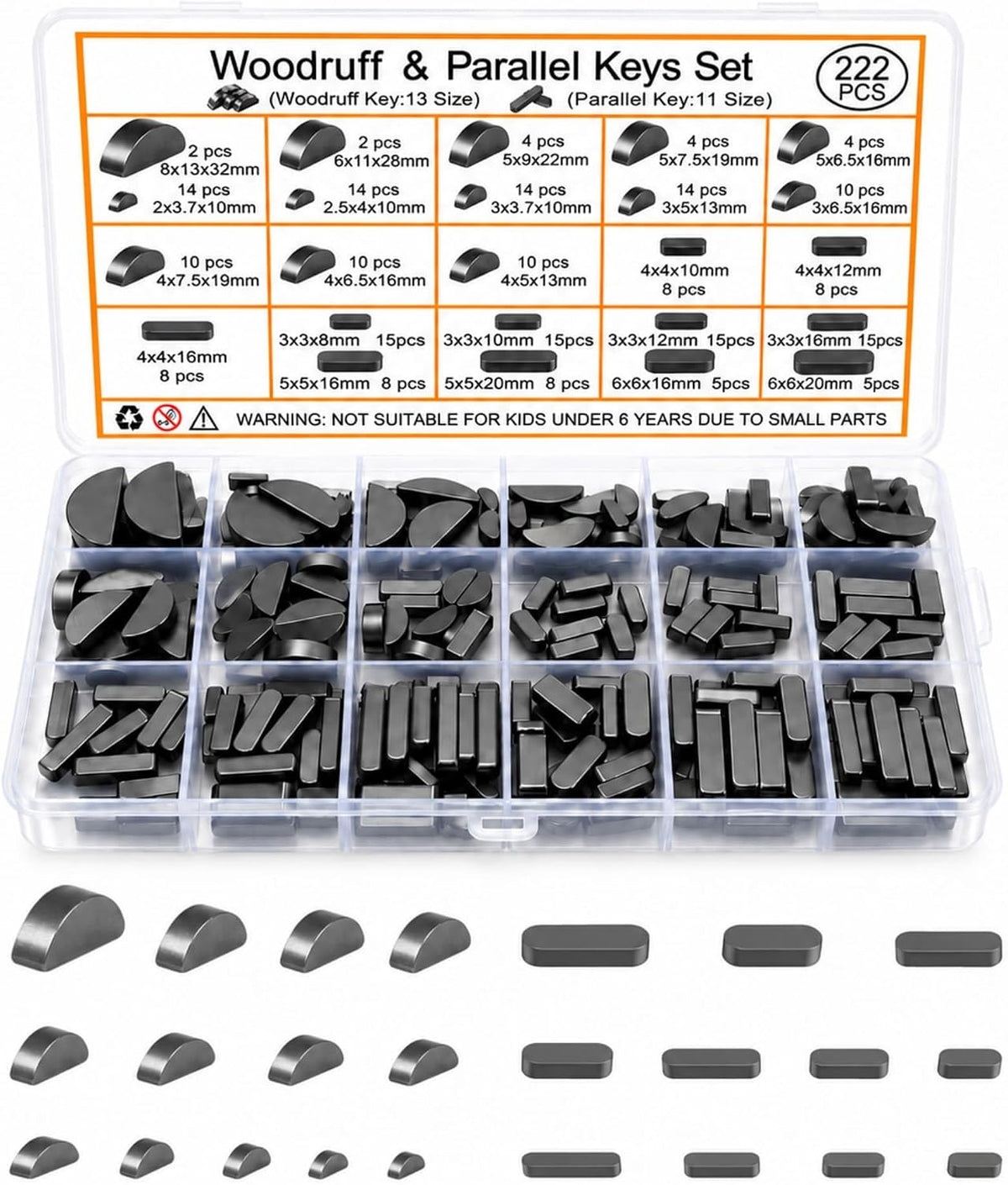 222 Pcs Metric Woodruff Key Assortment Kit with Parallel Keys, Carbon Steel