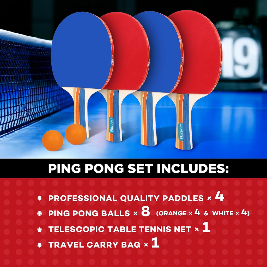 Ping Pong Paddle Set, Table Tennis Set with 4 Rackets and 8 Balls, Retractable Net with Storage Bag - Pingpong Paddle