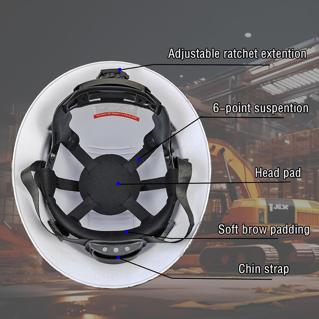 HDPE Full Brim Hard Hat, Construction Safety Helmet with Vented Holes, 6 Point Adjustable Ratchet Suspension, ‎Meets