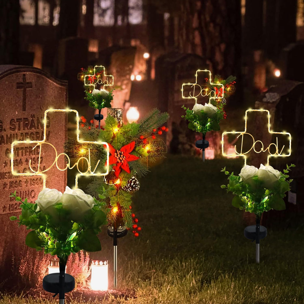 Solar Cross Light for Dad‘s Grave – 2 Modes with Rose Flower, Waterproof Outdoor Light for Cemetery, Perfect for