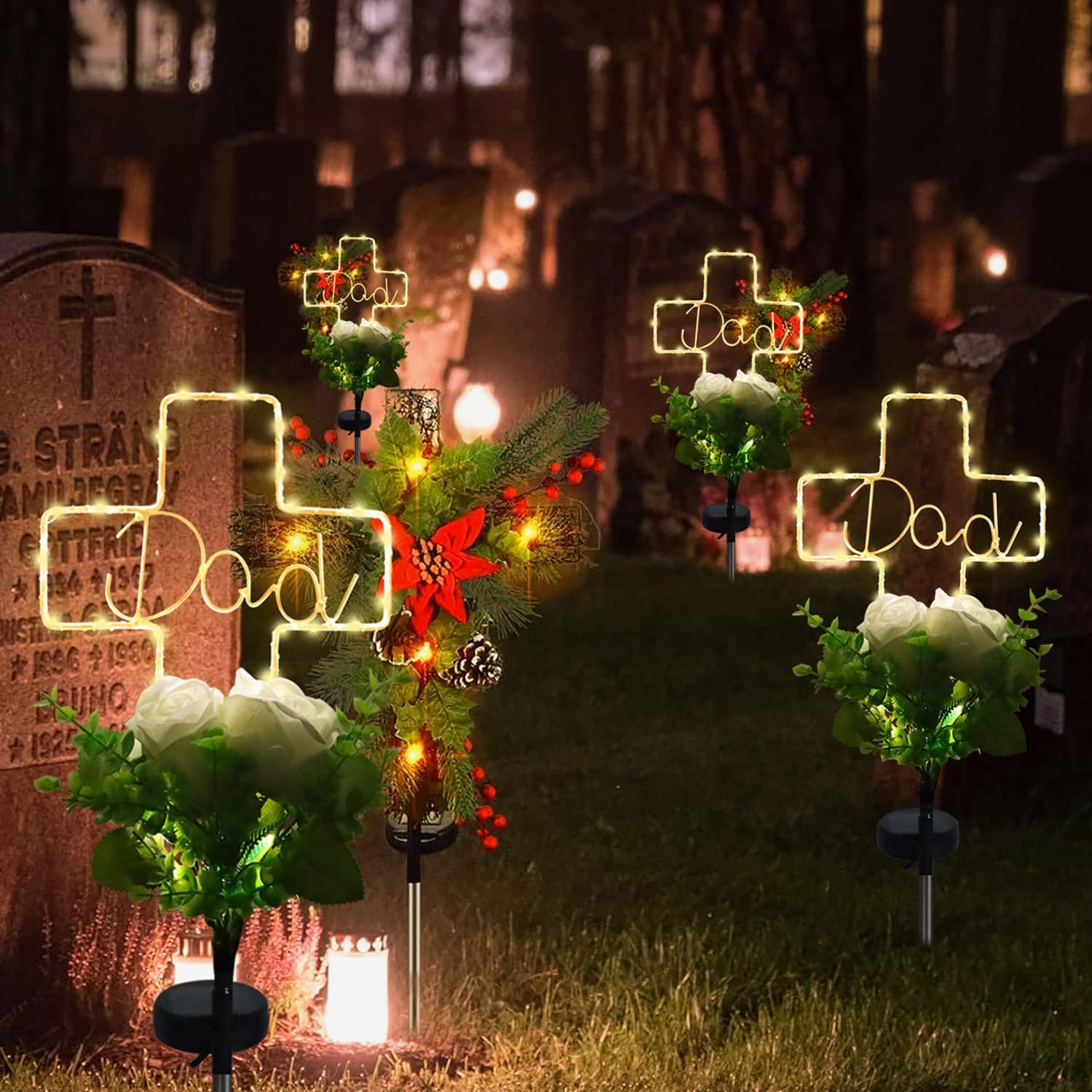 Solar Cross Light for Dad‘s Grave – 2 Modes with Rose Flower, Waterproof Outdoor Light for Cemetery, Perfect for