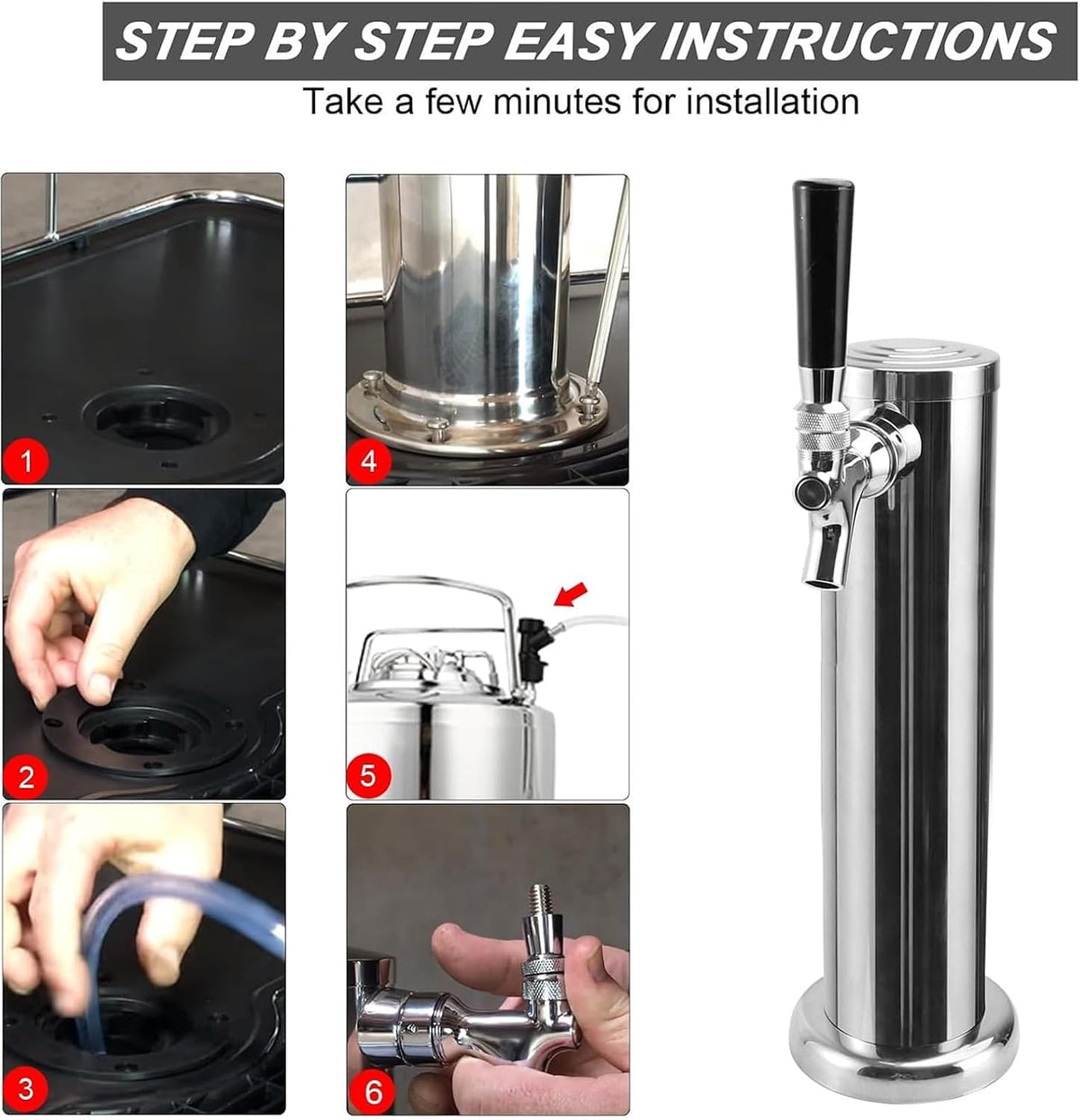Single Beer Tap Draft Kegerator Tower, 3" Keg Tower for Countertop