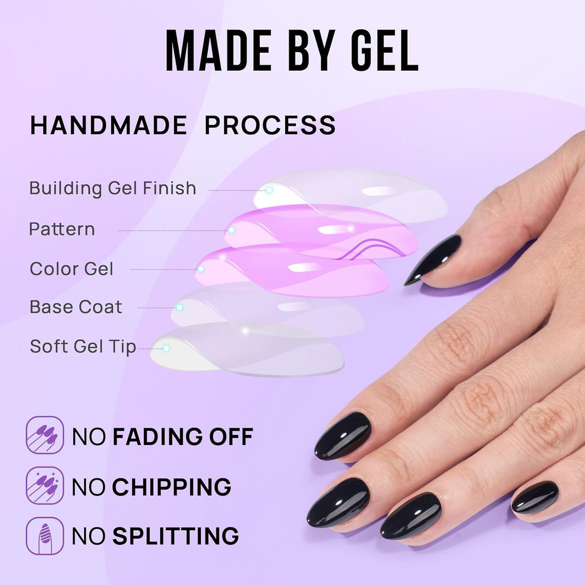 Press on Nails, Short Almond Black Fake Nails, 32Pcs Full Kit