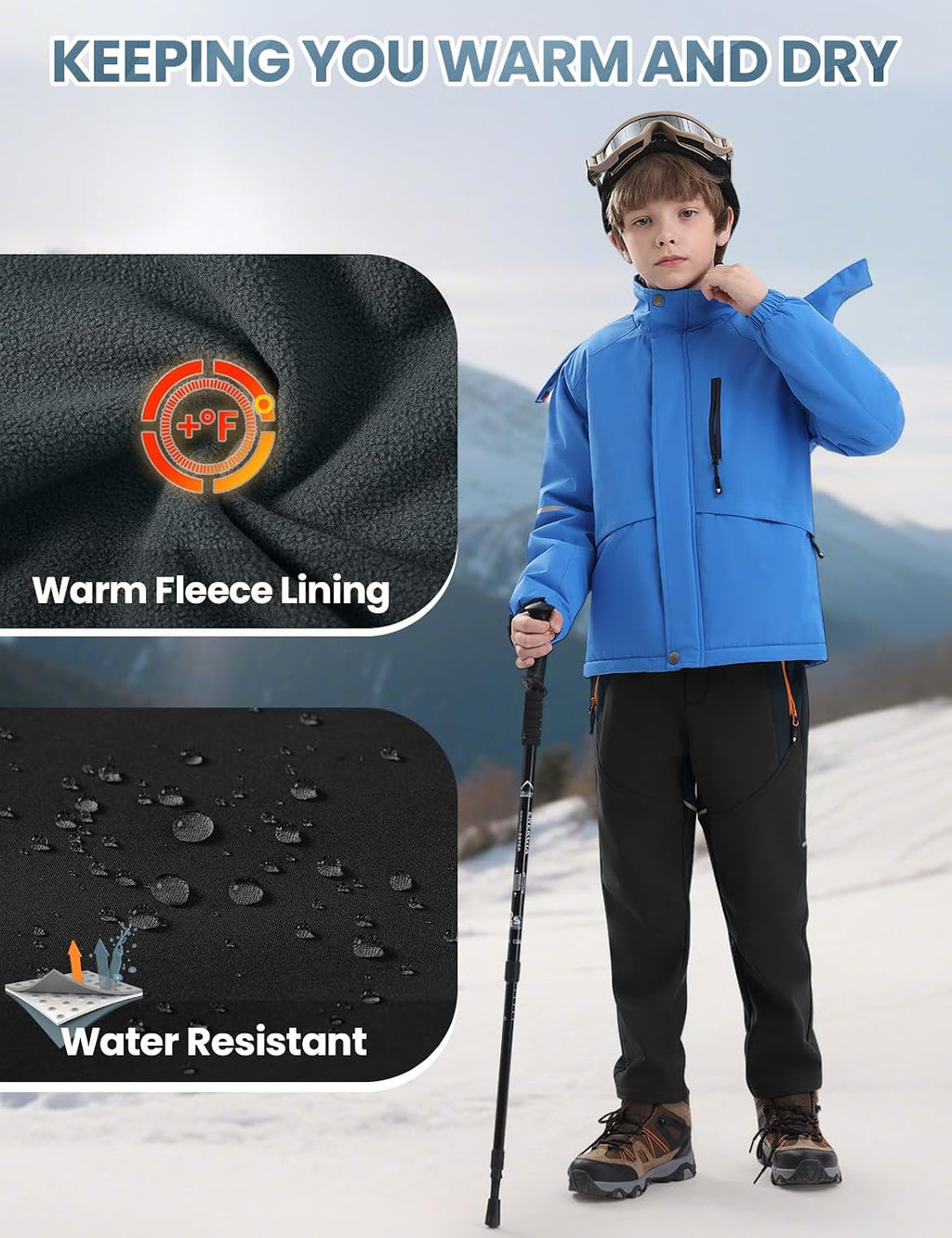 Boys Kids Snow Ski Pants Waterproof Fleece Lined Winter | Insulated, Elastic Waist, Zipper Pockets, Softshell, Warm