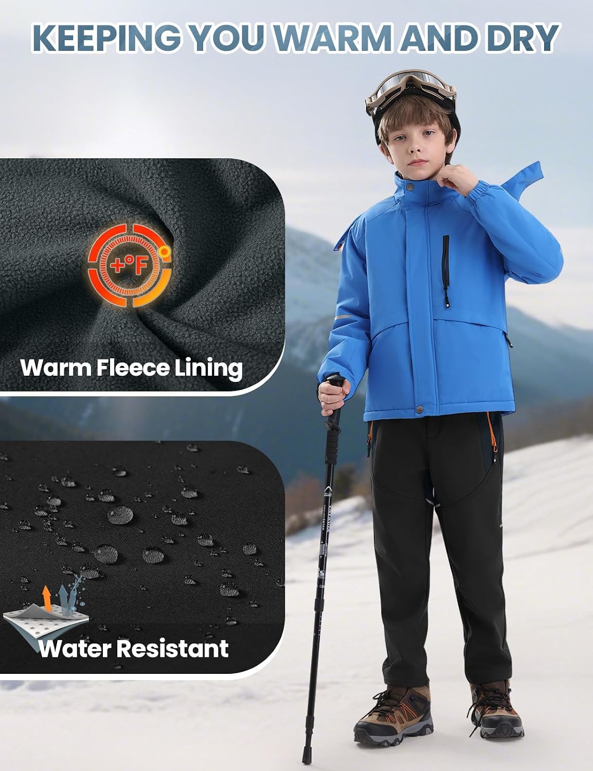 Boys Kids Snow Ski Pants Waterproof Fleece Lined Winter | Insulated, Elastic Waist, Zipper Pockets, Softshell, Warm