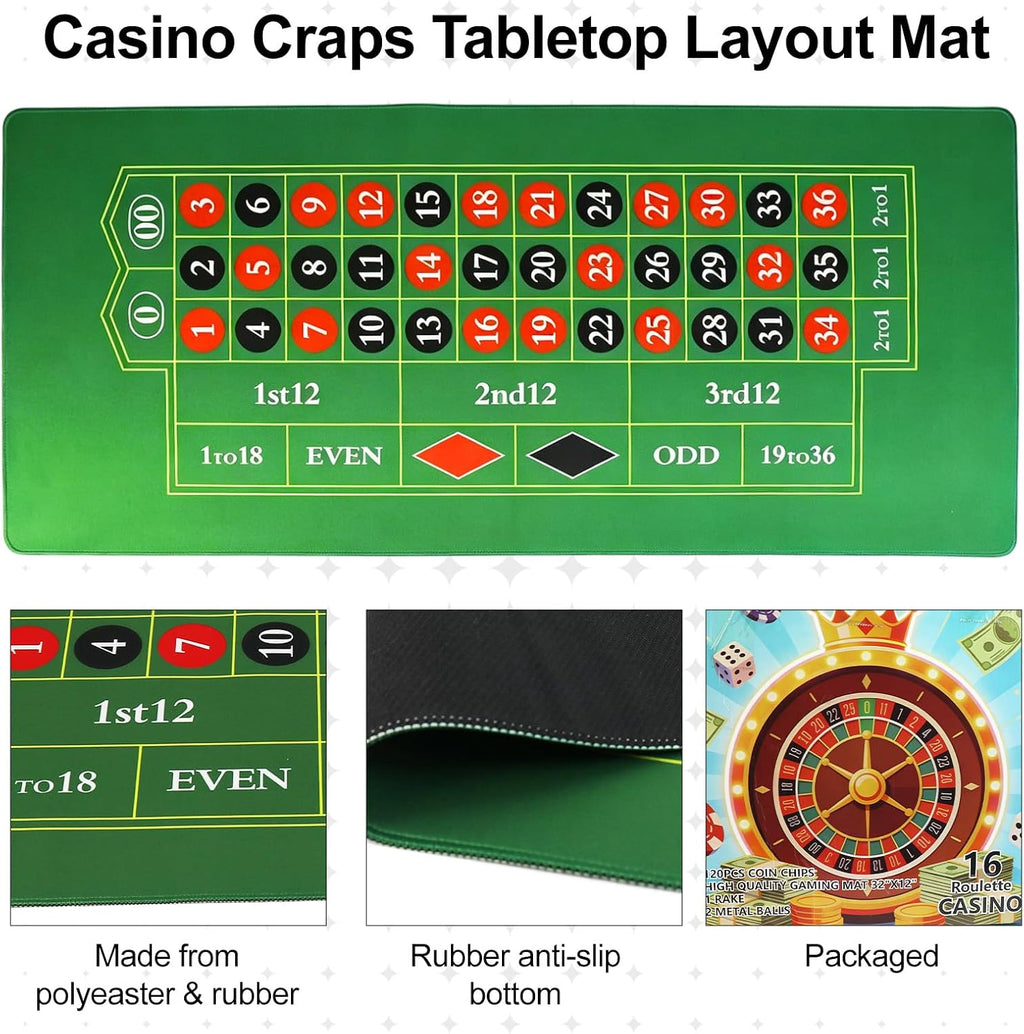Casino Night Complete Game Set Include 16'' Green Roulette Wheel 35" X 16" Rubber Tabletop Layout Mat, 100 Chips
