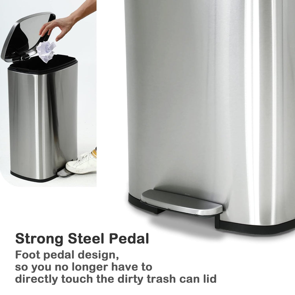 50 Liter / 13 Gallon Kitchen Trash Can, Stainless Steel with Lid, Foot Pedal and Inner Bucket, Fingerprint-Resistant