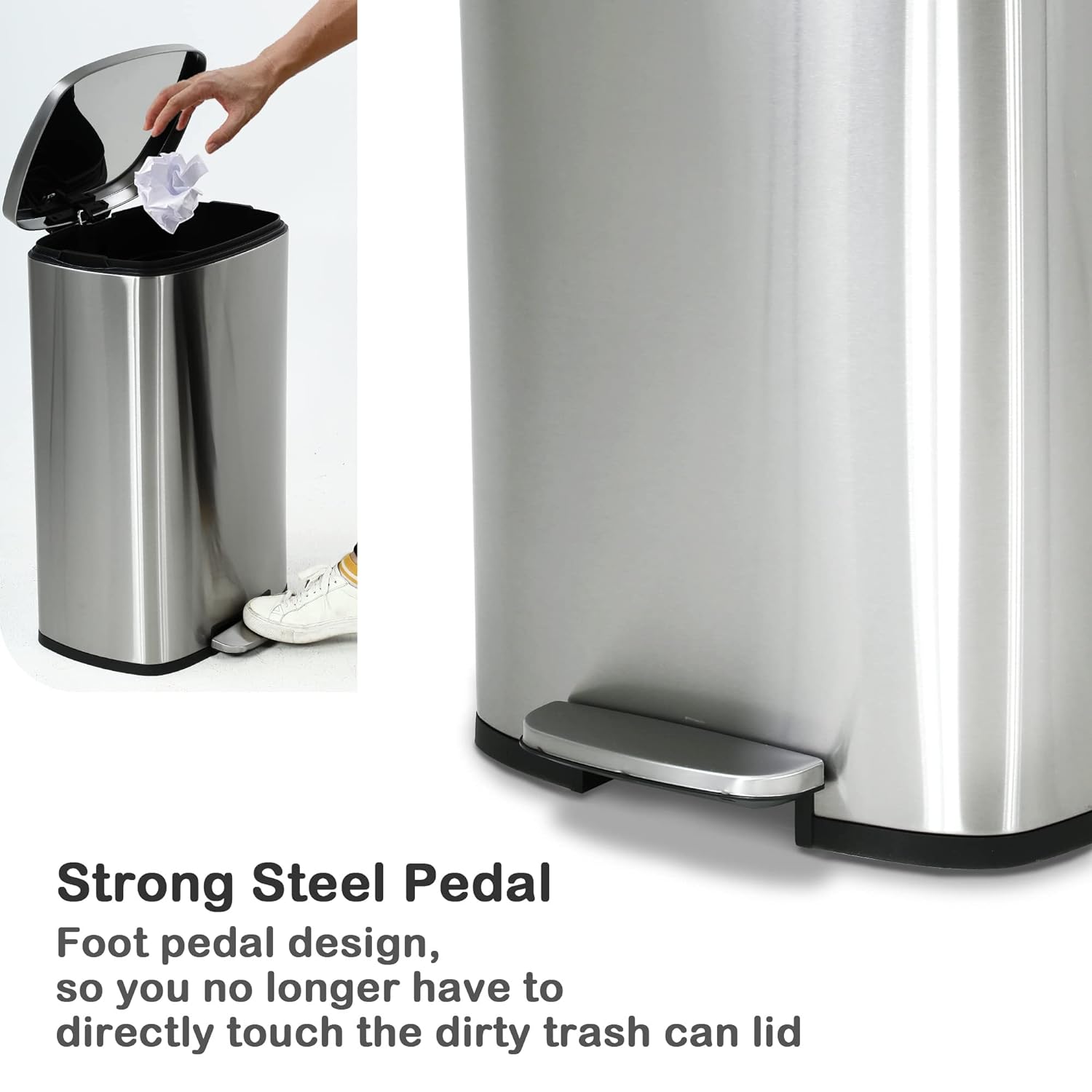 50 Liter / 13 Gallon Kitchen Trash Can, Stainless Steel with Lid, Foot Pedal and Inner Bucket, Fingerprint-Resistant
