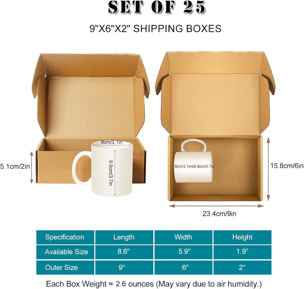 Shipping Boxes 9x6x2 inches Set of 25, Small Mailing Boxes Brown Cardboard Corrugated Mailer Boxes for Mailing Small