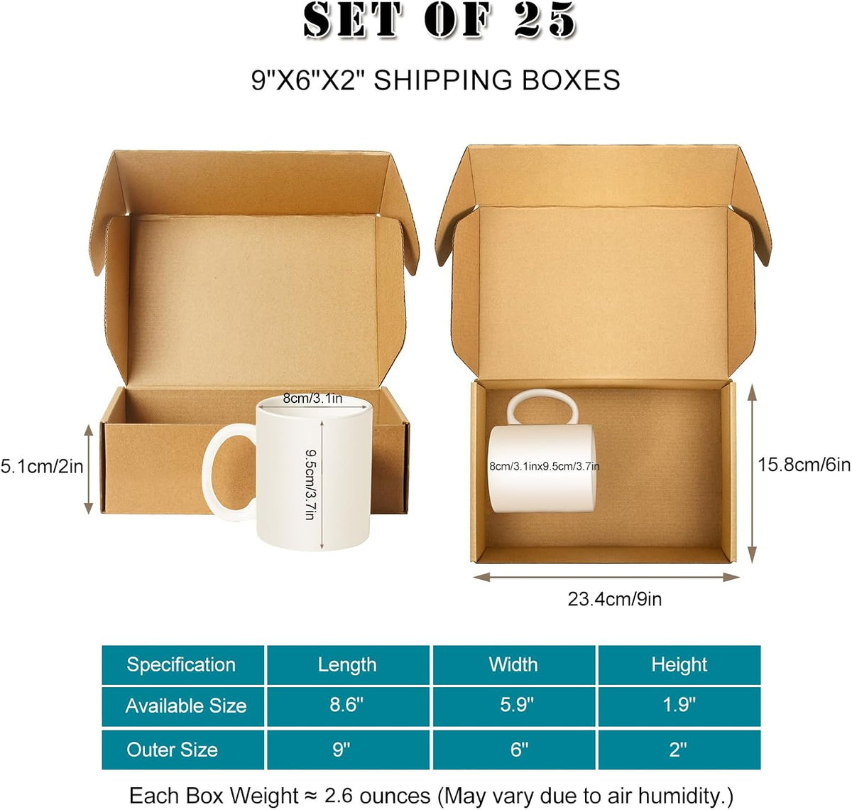 Shipping Boxes 9x6x2 inches Set of 25, Small Mailing Boxes Brown Cardboard Corrugated Mailer Boxes for Mailing Small