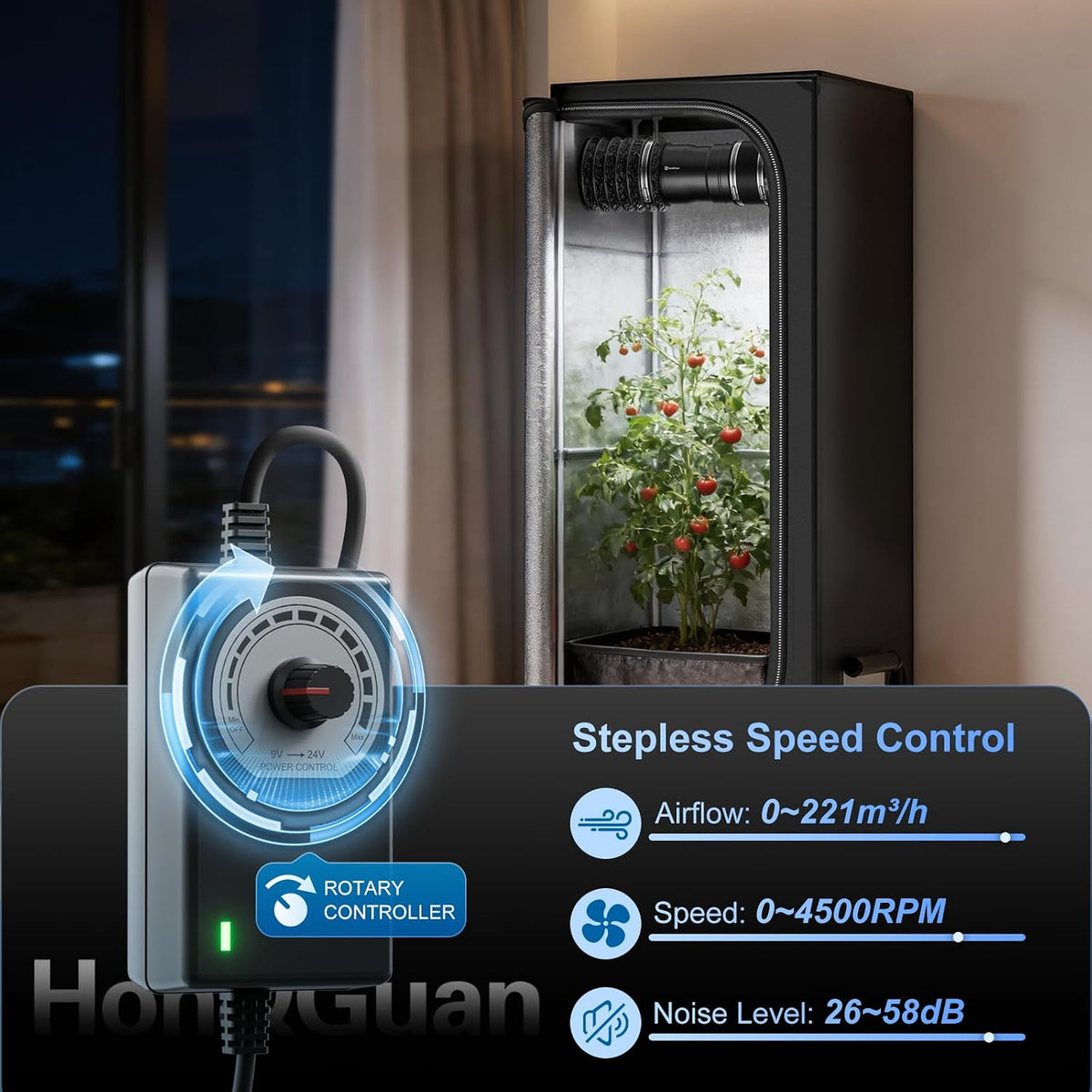 Hon&Guan 4 Inch Inline Booster Duct Fan with Speed Controller - 130 CFM Airflow with 6W Ultra-Low Power and Low Noise