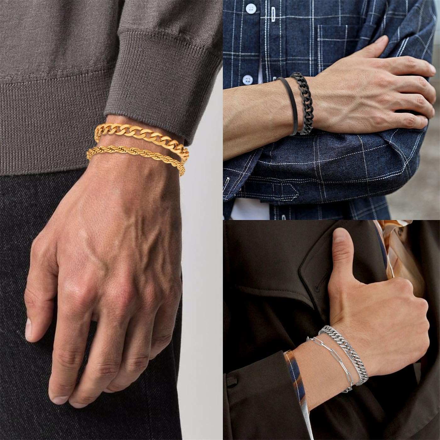 6 Pcs Stainless Steel Bracelets for Men Bracelets for Men Cuban Link Bracelet Rope Paperclip Snake Chain Bracelet Set