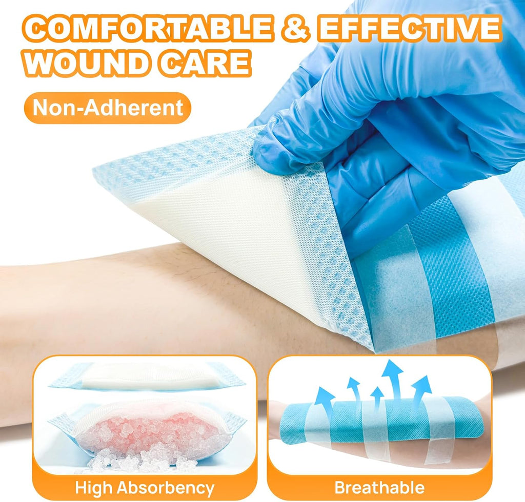 Super Absorbent Wound Dressing Pads 4"x 8", 10 Individual Pack, Non Adhesive Absorbent Bandages for Wound Care, Soft
