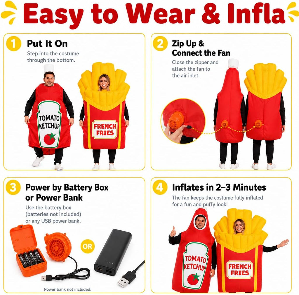 Adult Inflatable Couple Costume, Ketchup and Fries Party Outfits | Adult ketchup and fries inflatable couple costumes