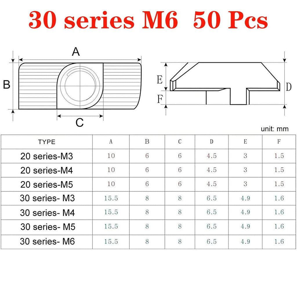 50pcs 3030 Series M6 Thread T Nuts Hammer Head Fastener Nut Sliding T-Nut,Nickel Plated Carbon Steel Nut for 30 Series Aluminum Extrusion Profile T Slot 8mm (3030 Series M6)