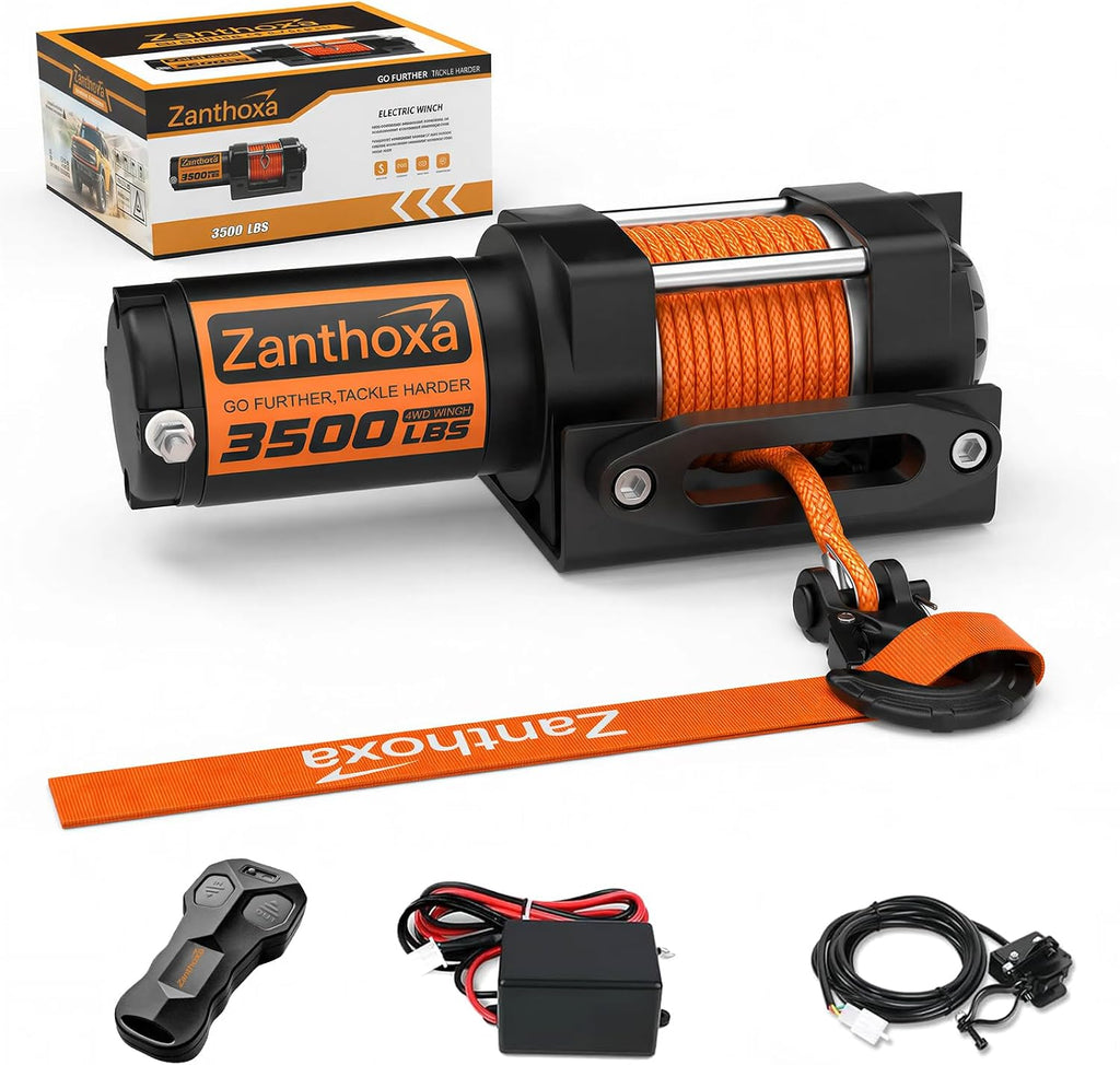 Upgrade 3500 lbs ATV Winch with Remote Control and Synthetic Rope | 12V UTV Winch With Mounting Plate, Portable