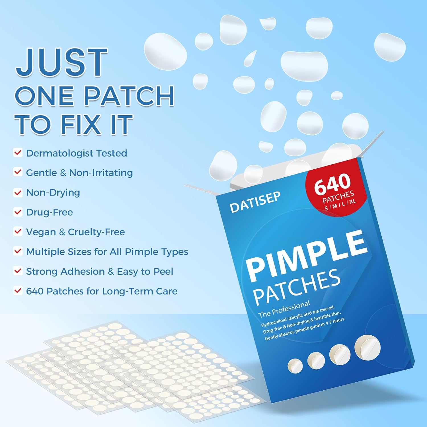 Pimple Patches for Face, 640 Count Hydrocolloid Patch Acne Patches,4 Sizes Zit Patches for Covering, Blemishes and