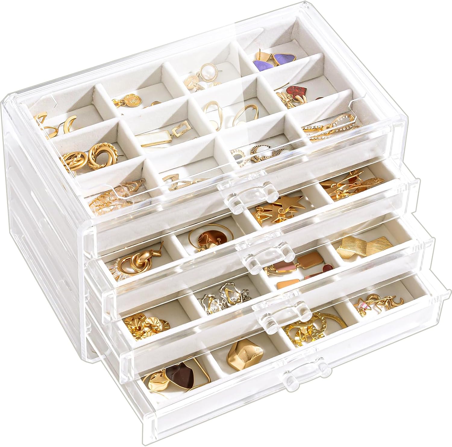 Earring Holder Organizer Box Jewelry Storage with 4 Drawers, Clear Acrylic Stackable Earring Case with Adjustable