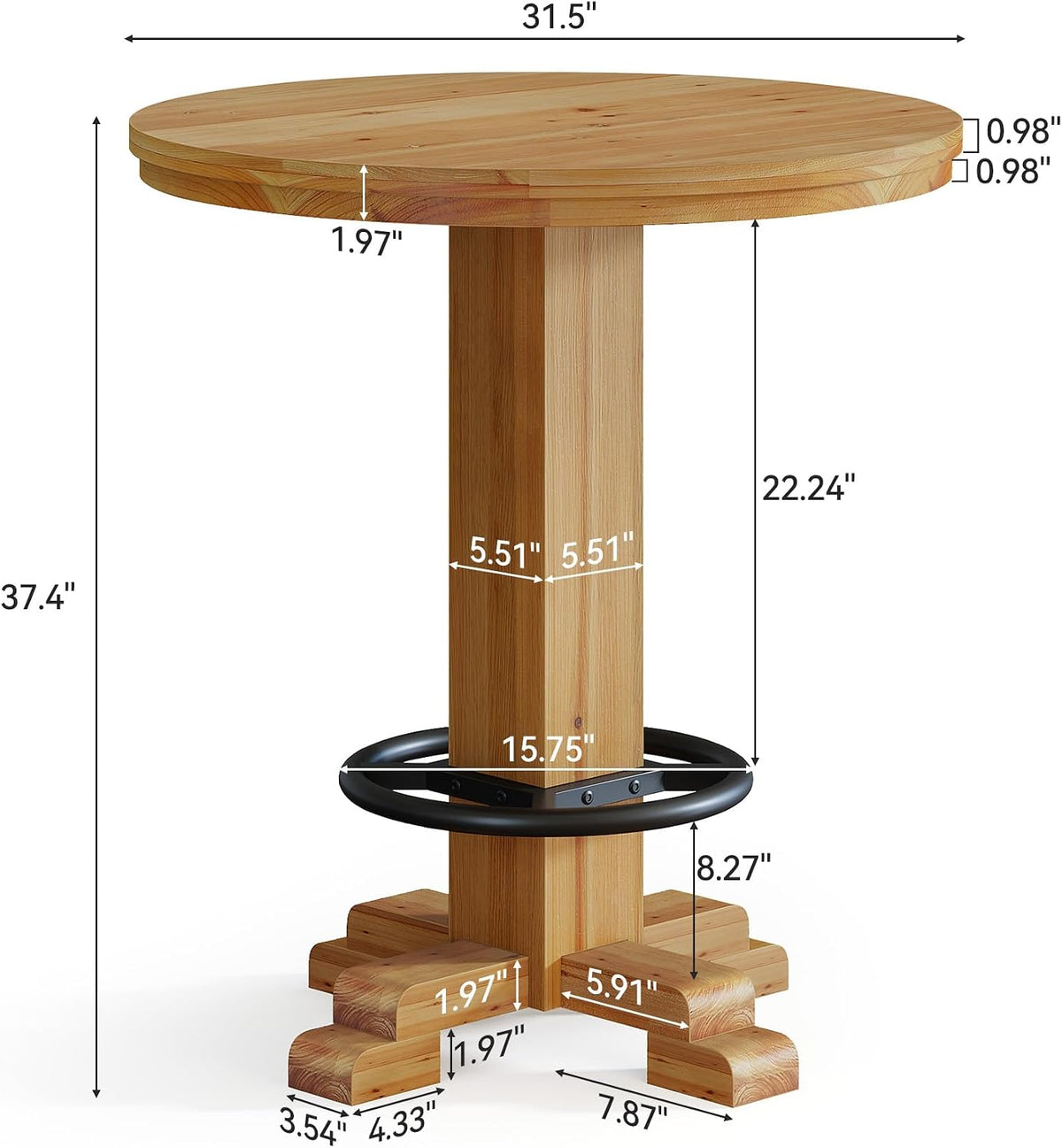 Solid Wood Round Bar Table, 37.4-Inch Bar Height, Bistro Pub Table