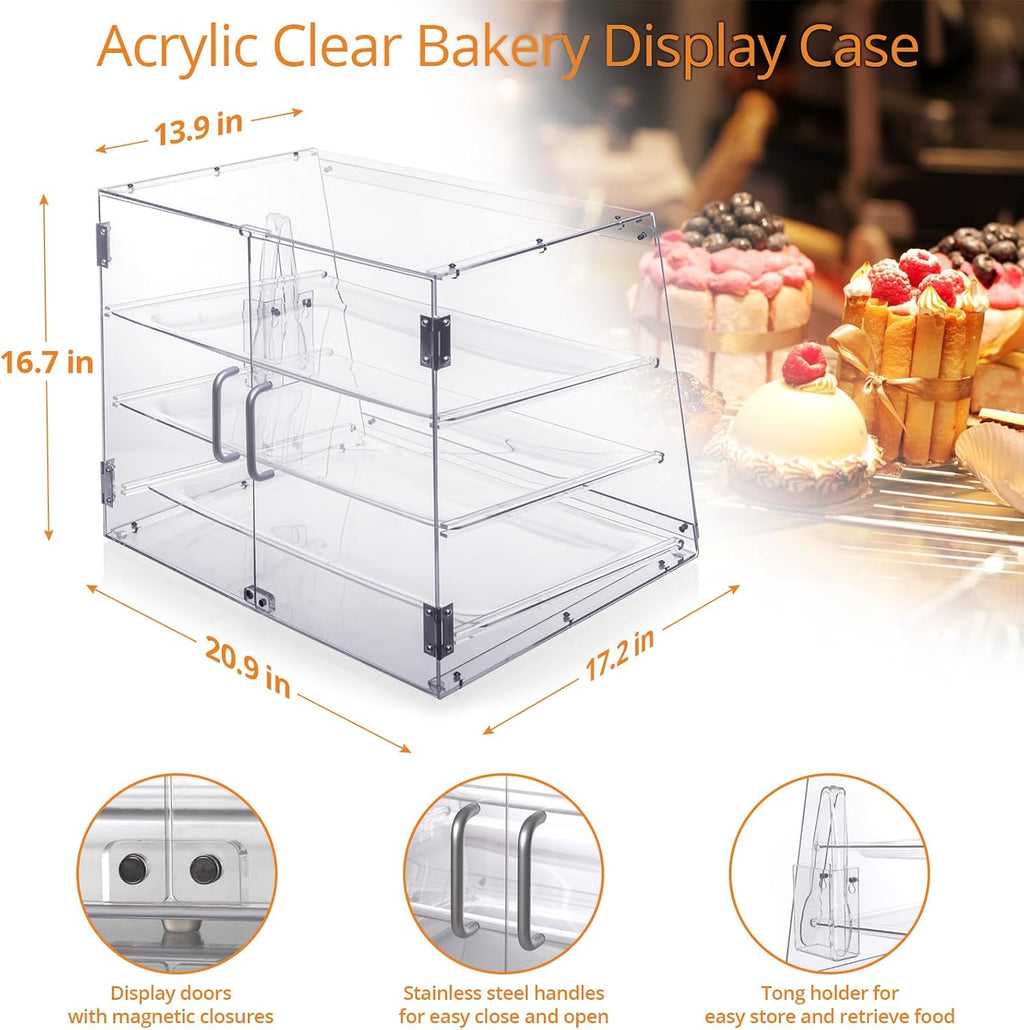 3-Tray Bakery Display Case, Acrylic Clear Display Case Countertop for Bread Pastry Dessert Food Cookie Display