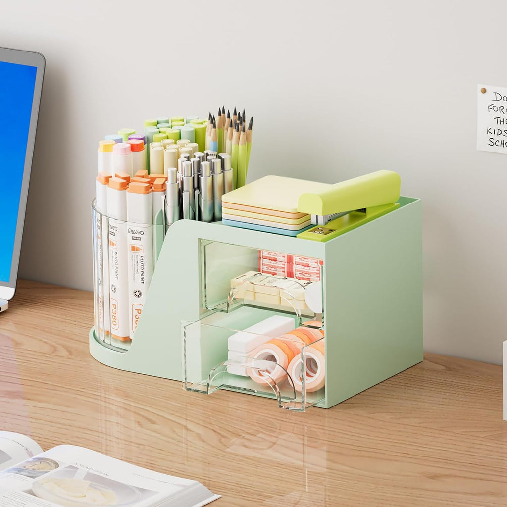 Desk Organizer with 2 Drawer, 360°Rotating Pen Holder, Desk Organizers and Accessories with 6 Slots Pencil Holder + 2