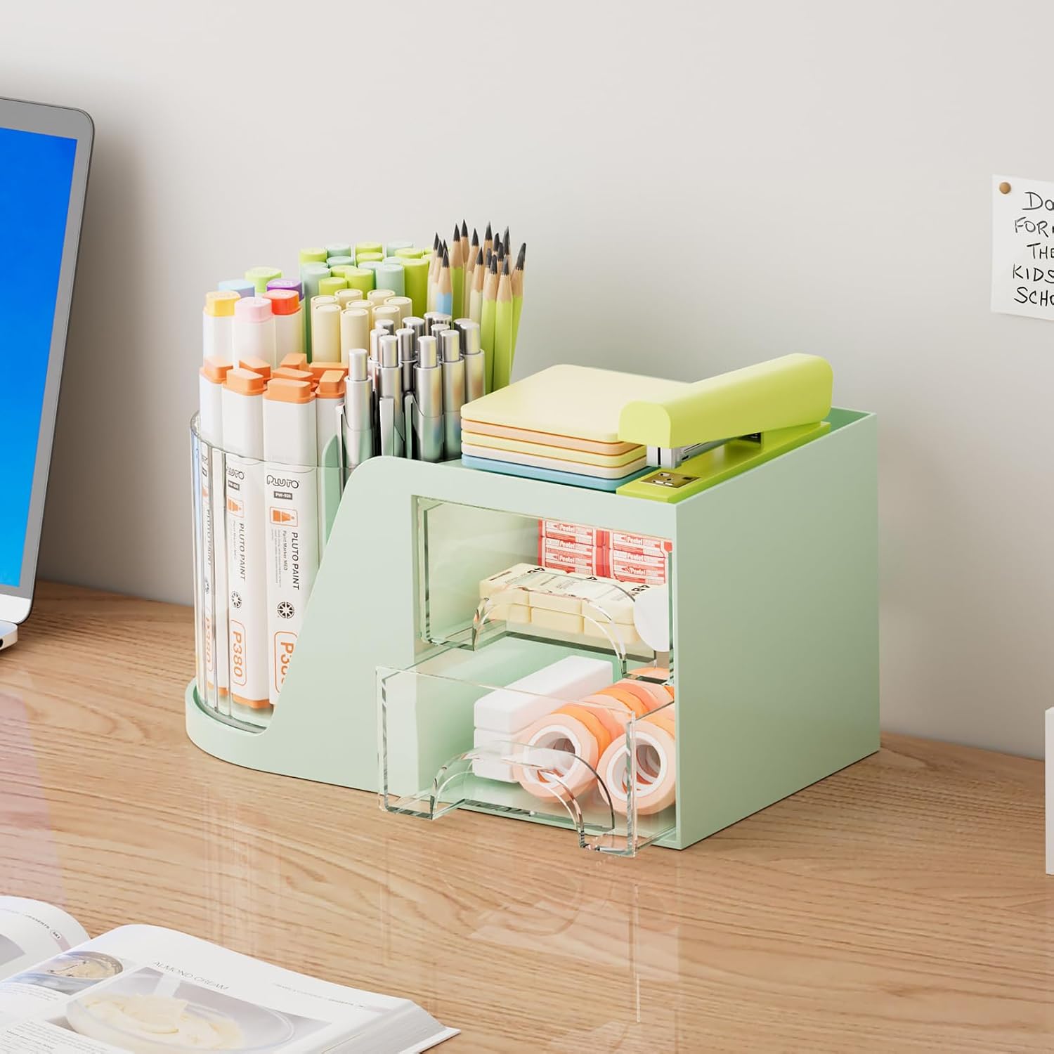 Desk Organizer with 2 Drawer, 360°Rotating Pen Holder, Desk Organizers and Accessories with 6 Slots Pencil Holder + 2