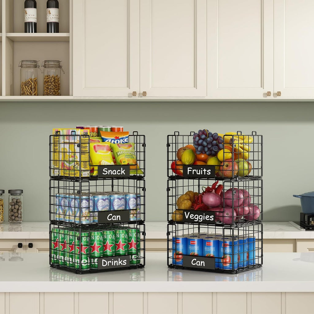 3 Pack Stackable Wire Baskets with NamePlates for Pantry Organizers and Storage, XL Fruit and Vegetable Basket, Metal