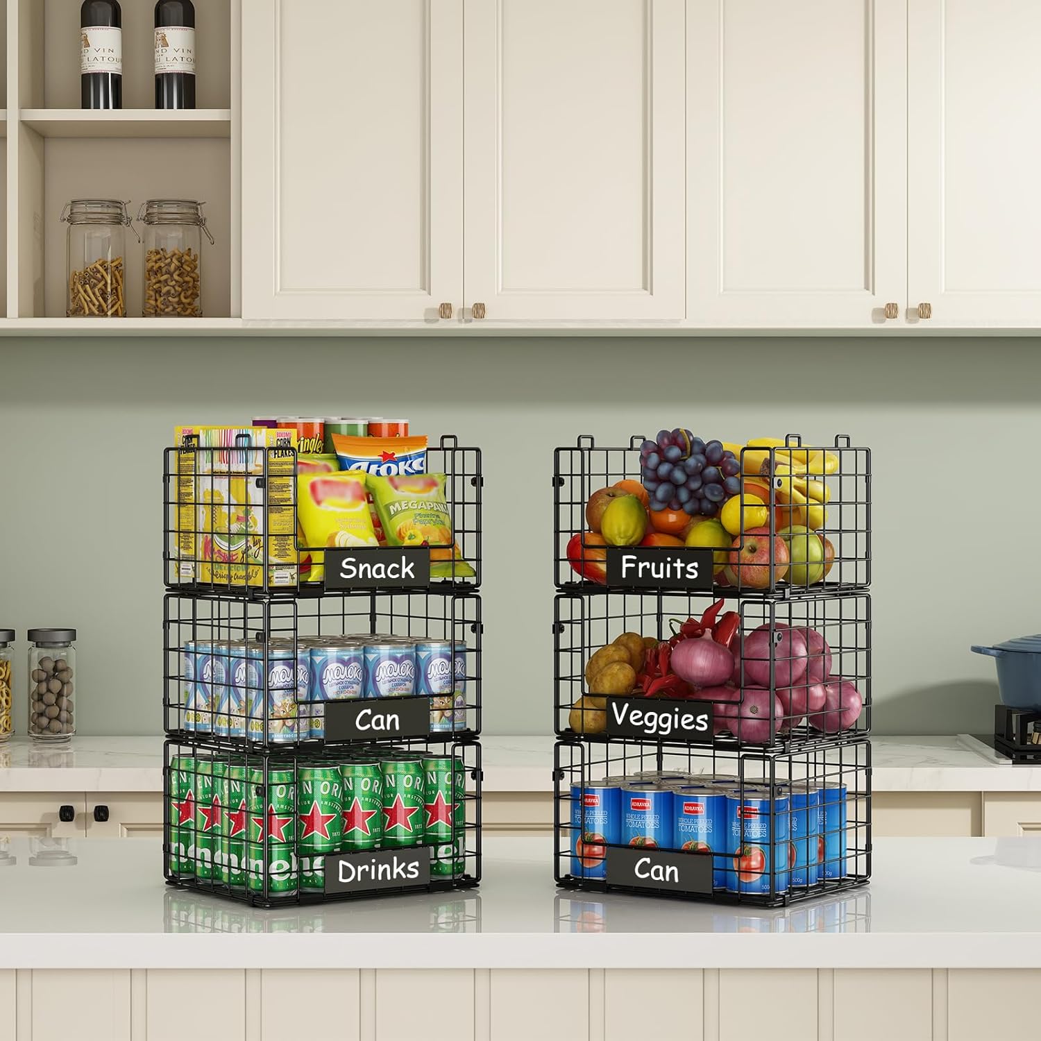 3 Pack Stackable Wire Baskets with NamePlates for Pantry Organizers and Storage, XL Fruit and Vegetable Basket, Metal