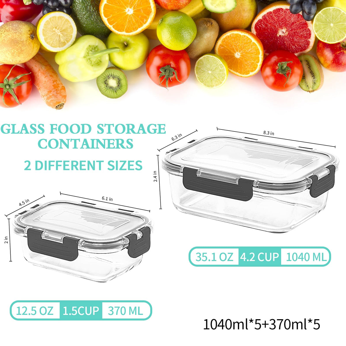 10-Pack Large Glass Meal Prep Containers, Food Storage Containers with Lids